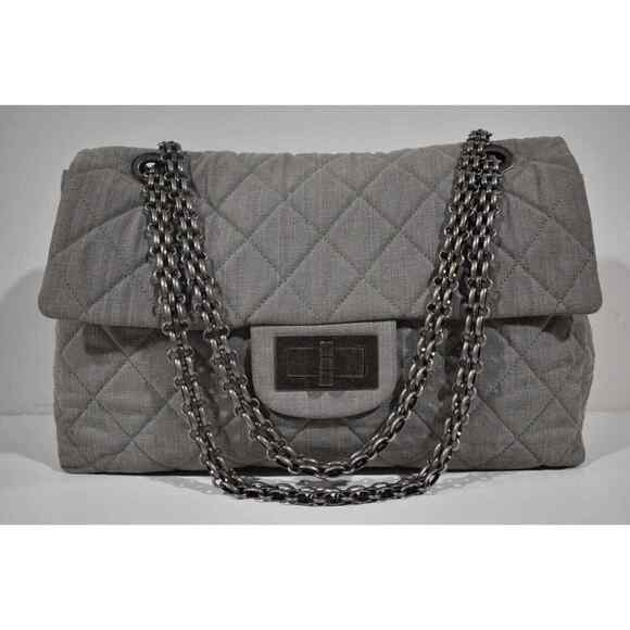 Chanel XXL Maxi 2.55 Reissue Airlines Classic Flap Grey Denim Logo Shoulder Bag - Picture 2 of 12